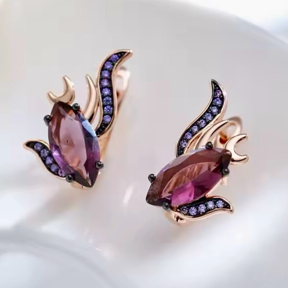 Unique Rose Gold 585RG Purple Natural Gem Zircon Fish Design Earrings - Picture 2 of 9